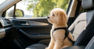 Cremefarbener Maltipoo sitzt gesichert im Auto und schaut aufmerksam aus dem Fenster.