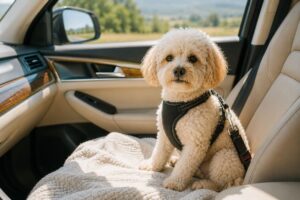 Maltipoo sitzt auf einer Decke auf dem Beifahrersitz.