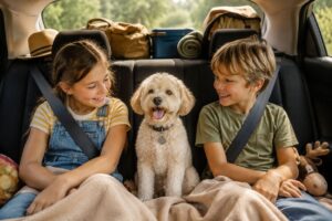 Familienhund während einer Sommerreise im Auto.