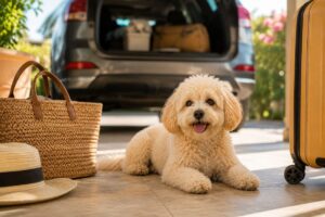 Entspannter Maltipoo nach einer langen Autofahrt.