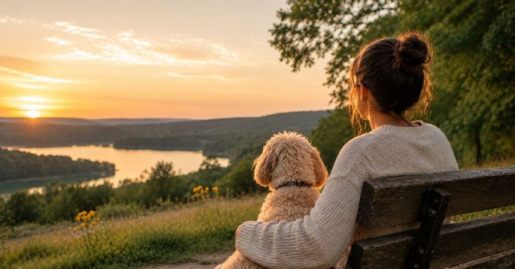 Frau sitzt gemeinsam mit ihrem cremefarbenen Maltipoo auf einer Bank und blickt in die Natur.