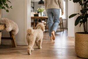 Maltipoo folgt seiner Besitzerin durch das Haus.