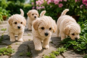 Mehrere kleine Maltipoo-Welpen erkunden neugierig ihre Umgebung.