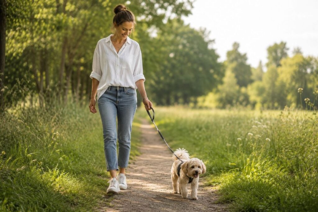 Frau und Maltipoo spazieren gemeinsam durch die Natur.