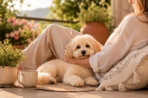 Maltipoo liegt entspannt neben seiner Besitzerin.
