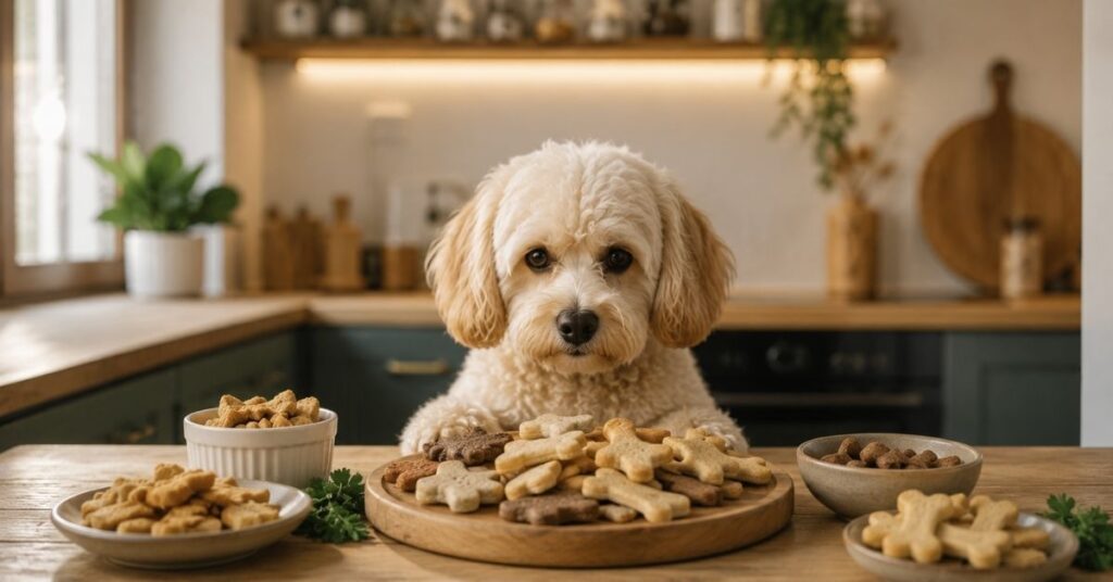 Cremefarbener Maltipoo sitzt gespannt vor selbstgemachten Hundekeksen.