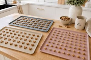 Mini-Backmatten mit kleinen Hundeleckerlis in verschiedenen Formen.