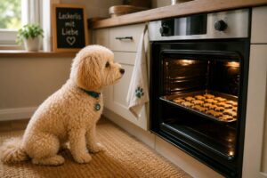 Maltipoo beobachtet aufmerksam das Backen von Hundeleckerlis.