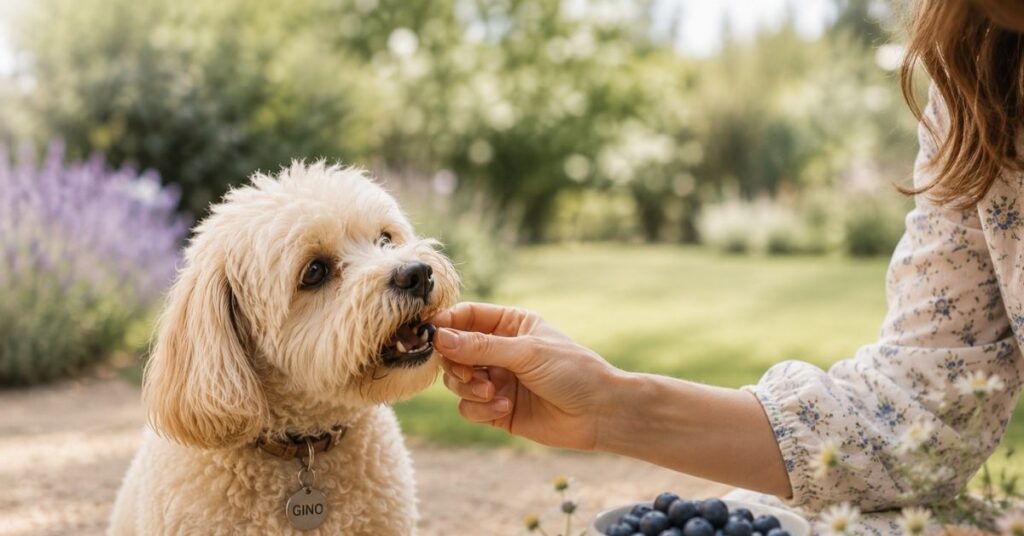 Cremefarbener Maltipoo frisst begeistert eine Heidelbeere aus der Hand.