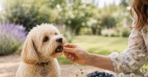 Cremefarbener Maltipoo frisst begeistert eine Heidelbeere aus der Hand.