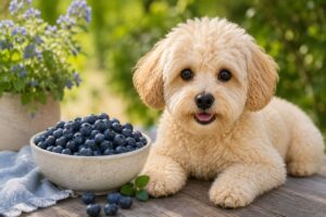 Frische Heidelbeeren neben einem neugierigen Maltipoo.