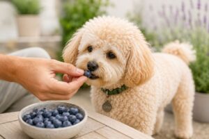 Maltipoo nimmt eine Heidelbeere direkt aus der Hand.