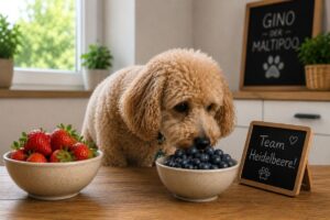 Maltipoo sitzt vor Heidelbeeren und Erdbeeren.