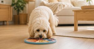 Cremefarbener Maltipoo schleckt konzentriert an einer Schleckmatte im Wohnzimmer
