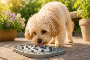 Maltipoo schleckt gefrorenen Joghurt von einer Schleckmatte