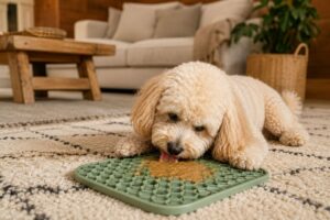 Junger Maltipoo beschäftigt sich ruhig mit einer Schleckmatte