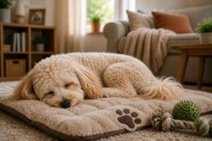 Maltipoo ruht entspannt nach einer Schleckmatte