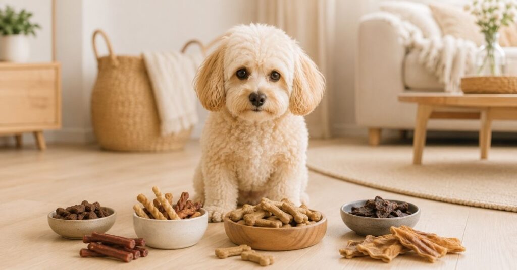 Cremefarbener Maltipoo sitzt aufmerksam vor verschiedenen Hundeleckerlis