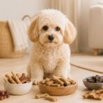 Hundeleckerli-Hit Cremefarbener Maltipoo sitzt aufmerksam vor verschiedenen Hundeleckerlis