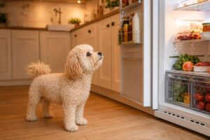 Maltipoo schaut begeistert Richtung Kühlschrank