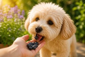 Maltipoo frisst Heidelbeeren aus einer Hand
