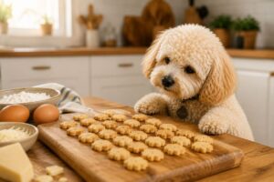 Frisch gebackene Hundekekse neben neugierigem Maltipoo