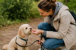 Maltipoo erhält ein kleines Trainingsleckerli