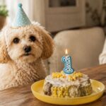 Hunde-Geburtstagstorte Cremefarbener Maltipoo sitzt neben seiner ersten Geburtstagstorte mit Kerze