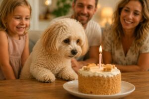 Maltipoo schaut neugierig auf Geburtstagstorte mit Kerze