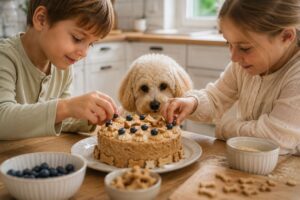 Junge dekoriert eine Hundetorte