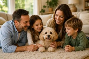 Maltipoo entspannt nach seiner Geburtstagsfeier