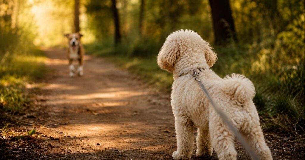Cremefarbener Maltipoo beobachtet aufmerksam einen anderen Hund