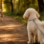 Hundefreunde Cremefarbener Maltipoo beobachtet aufmerksam einen anderen Hund