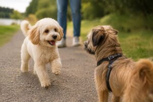 Maltipoo möchte einen anderen Hund begrüssen