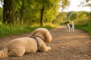 Maltipoo liegt flach auf dem Boden und beobachtet einen Hund
