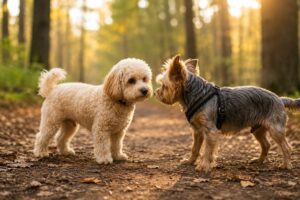 Zwei Hunde begegnen sich auf einem Spazierweg