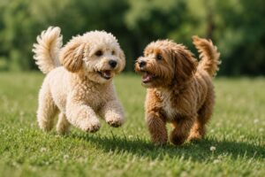 Maltipoo spielt fröhlich mit einem anderen Hund
