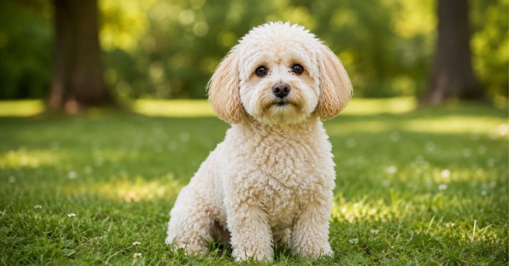 Cremefarbener Maltipoo sitzt aufmerksam auf einer Wiese