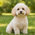 Maltipoo-Wahrheiten Cremefarbener Maltipoo sitzt aufmerksam auf einer Wiese