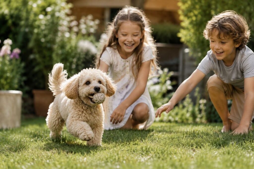 Maltipoo spielt mit Kindern im Garten.