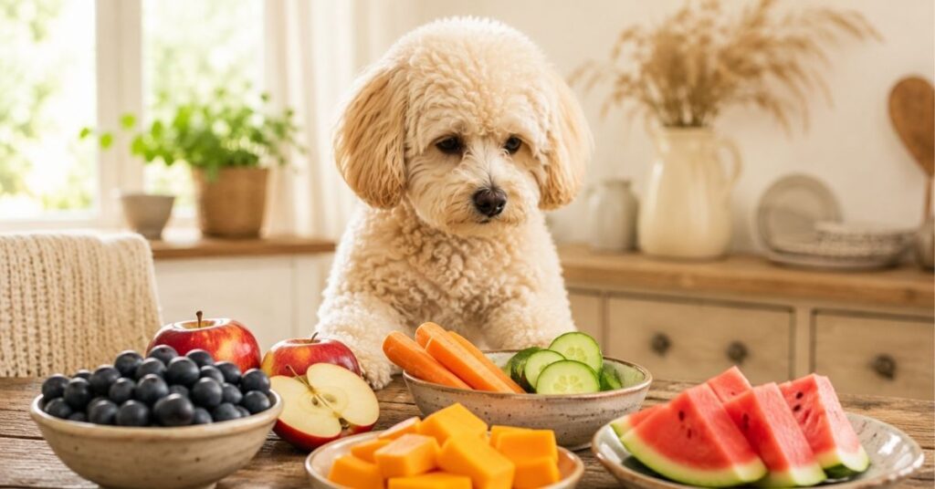 Cremefarbener Maltipoo sitzt vor verschiedenen gesunden Lebensmitteln für Hunde