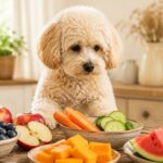 Welche Lebensmittel dürfen Hunde essen Cremefarbener Maltipoo sitzt vor verschiedenen gesunden Lebensmitteln für Hunde