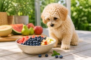 Maltipoo sitzt neben Heidelbeeren, Äpfeln und Wassermelone