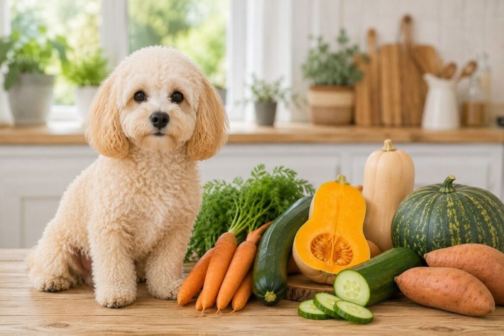 Maltipoo vor Karotten, Gurken und Kürbis