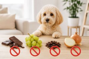 Maltipoo blickt auf Schokolade und Trauben mit Warnsymbolen