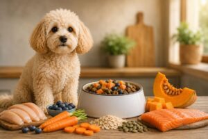 Maltipoo vor Futternapf mit gesunden Zutaten