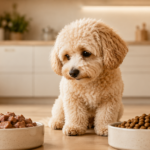 Nassfutter vs. Trockenfutter Maltipoo sitzt zwischen einem Napf mit Nassfutter und einem Napf mit Trockenfutter