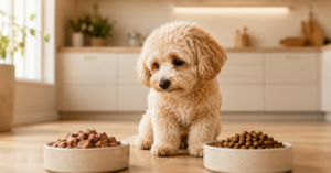 Maltipoo sitzt zwischen einem Napf mit Nassfutter und einem Napf mit Trockenfutter