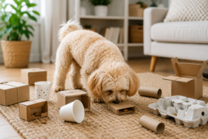 Maltipoo sucht Trockenfutter in Kartons und Bechern