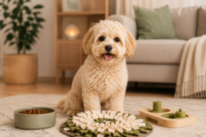Maltipoo neben Trockenfutter und Suchspiel
